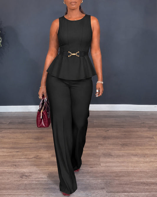 Women's 2 Piece Outfits Sleeveless Peplum Top and Wide Leg Pants Set Elegant Gold Belt Business Work Suits