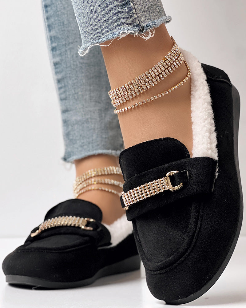 Rhinestone Chain Decor Thermal Lined Faux Shearling Trim Casual Flat Slip-On Loafers without Anklet Bracelet