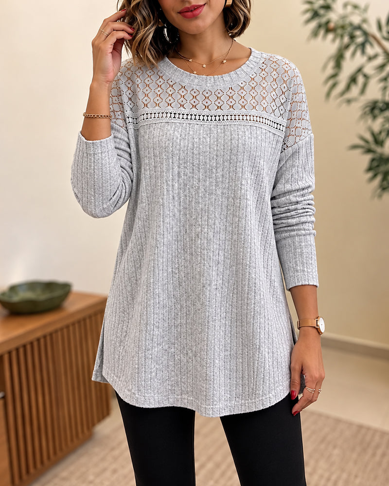 Women's Lace Patchwork Ribbed Knit Top Loose Fit Drop Shoulder Crewneck Side Slit Pullover