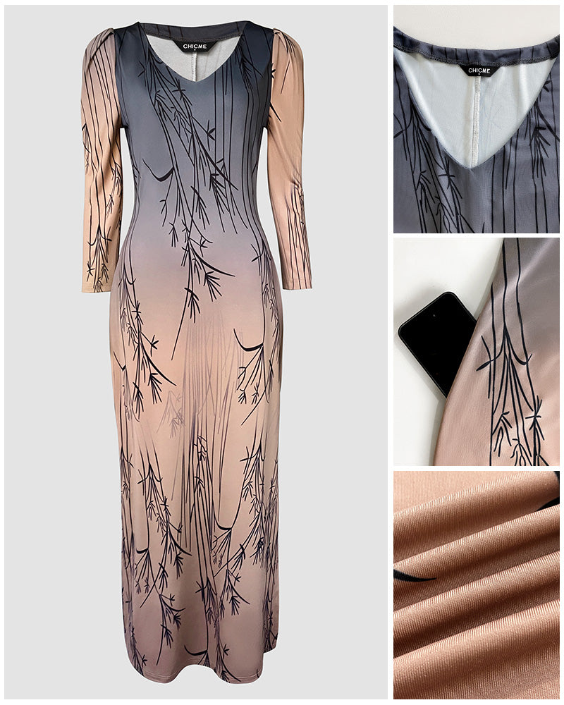 Ombre & Plants Print V-Neck Three Quarters Sleeve Side Slit Vacation Dress