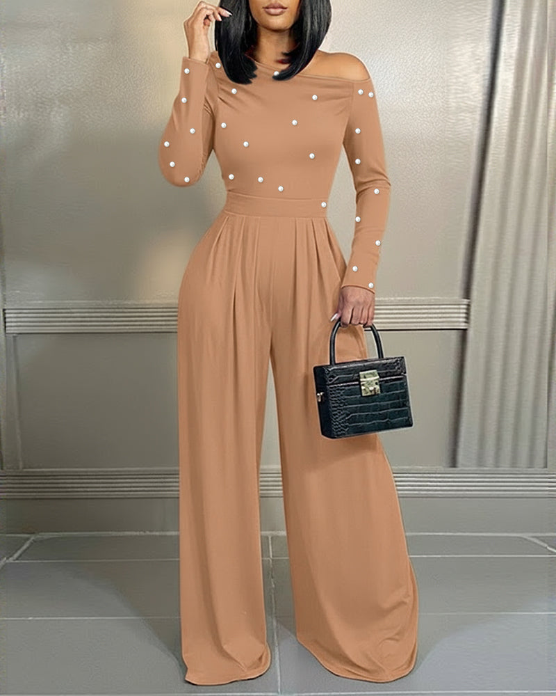 Pearls Decor Skew Neck Long Sleeve Cinched Waist Overalls Casual Ruched Zipper Back Wide Leg Jumpsuit