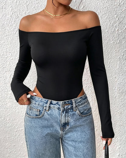 Women's Off Shoulder Bodysuit Minimalist Long Sleeve Sexy Slim Fit Bodysuit with Built-In Bra