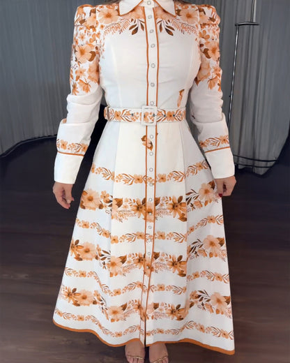 Floral Placement Print Turn-down Collar Puff Sleeve Vacation Dress Casual Button Down Shirt Dress With Belt and Lining