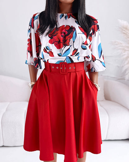 2 Pieces Outfit Floral Print Bell Sleeve Hollow-out Back Shirred Back Hem Top and Casual A-line Skirt Set with Belt