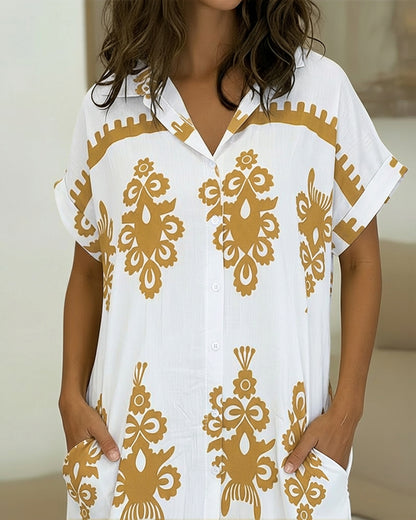 Vintage Baroque Placement Print Turn-down Collar Rolled Cuffs Button Down Shirt Dress Casual Curved Hem Vacation Dress with Pockets