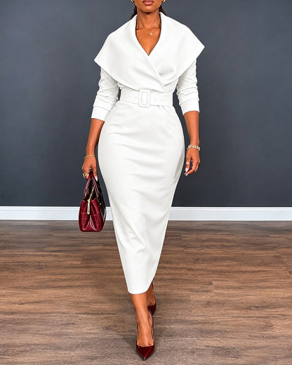 Women's Lapel Collar Wrap V-Neck Long Sleeve Slit Midi Dress with Belt