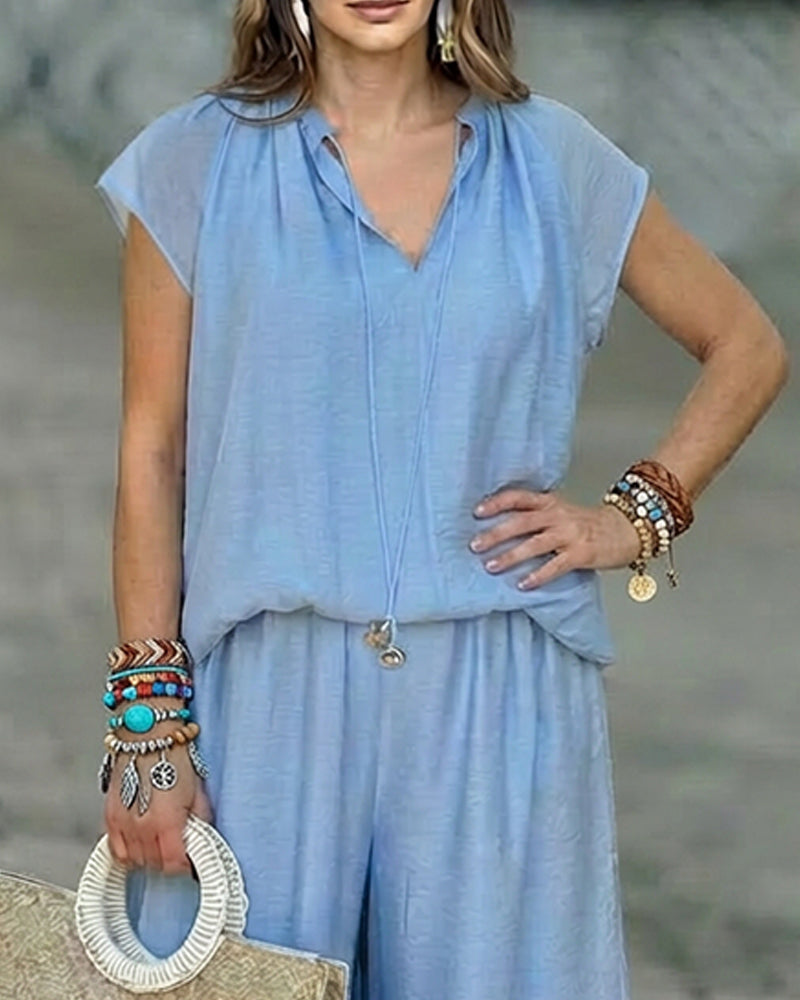 2 Pieces Outfit Notch Neck Tied Detail Short Sleeve Top and Drawstring Elastic Waist Wide Leg Pants Set Casual Breathable Loose Fit Set