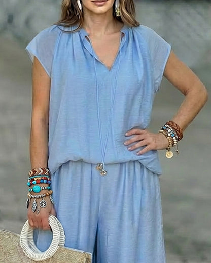 2 Pieces Outfit Notch Neck Tied Detail Short Sleeve Top and Drawstring Elastic Waist Wide Leg Pants Set Casual Breathable Loose Fit Set