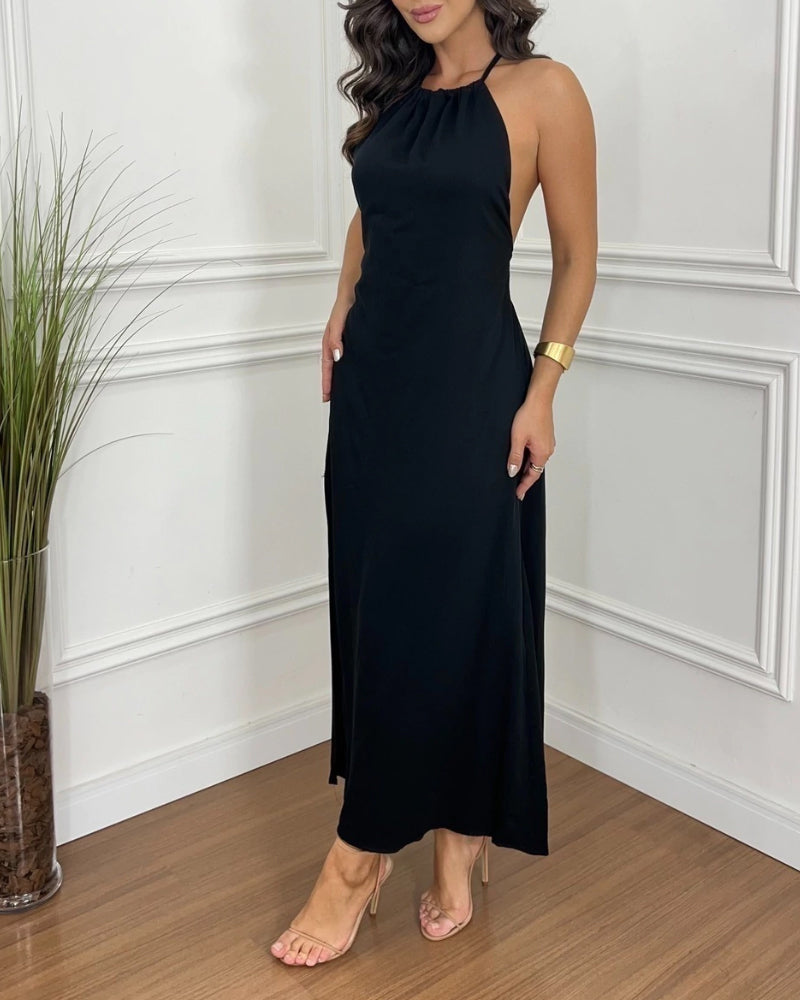Halter Sleeveless Backless Maxi Dress Casual Shirred Back Side Slit Vacation Dress