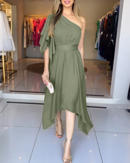 One Shoulder Asymmetrical Sleeve Bow Tie Party Dress Casual Zipper Side Cinched Waist Asymmetrical Hem Maxi Dress With Belt