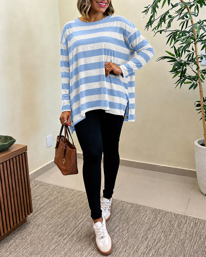 Women's Striped T Shirt Long Sleeve Drop Shoulder Crewneck Tee Side Slit Casual Loose Fit Top