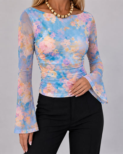 Women's Floral Watercolor Print Boat Neck Ruched Sheer Mesh Flare Sleeve Top