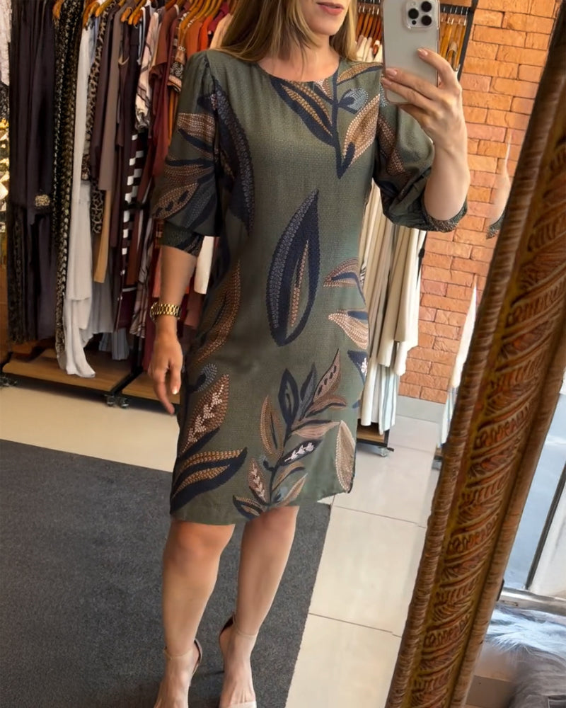 Plants Print Round Neck Half Sleeve Midi Dress