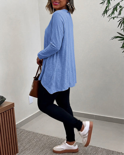 Women's Asymmetric Hem Long Sleeve Top Loose Fit Dropped Shoulder Crewneck Soft Slouchy Casual Tee