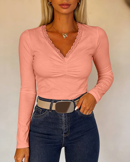 Women's Lace V Neck Ruched T Shirt Slim Fit Long Sleeve Tee Casual Elegant Top