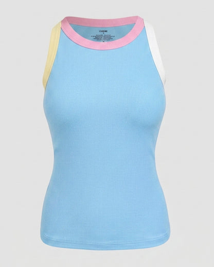 Women's Contrast Binding Tank Top Ribbed Knit Sleeveless Scoop Neck Slim Fit Camisole Top with Built-in Bra