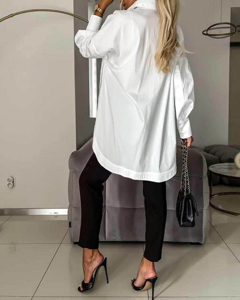 Women's Cotton Oversized Button Down Shirt Long Sleeve Blouse Casual Curved Hem Top