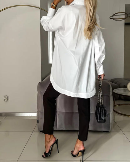 Women's Cotton Oversized Button Down Shirt Long Sleeve Blouse Casual Curved Hem Top