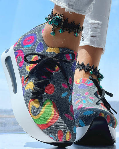 Abstract Print Side Lace-up Casual Wedge Sneakers