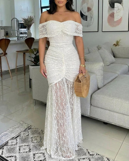 Foldover Off Shoulder Ruched Textured Lace Overlay Maxi Dress Elegant Mermaid Hem Evening Dress with Detachable Clear Adjustable Straps