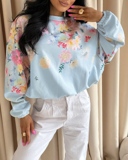 Women's Watercolor Floral Sweatshirt Casual Crewneck Pullover Lantern Sleeve Loose Fit Top