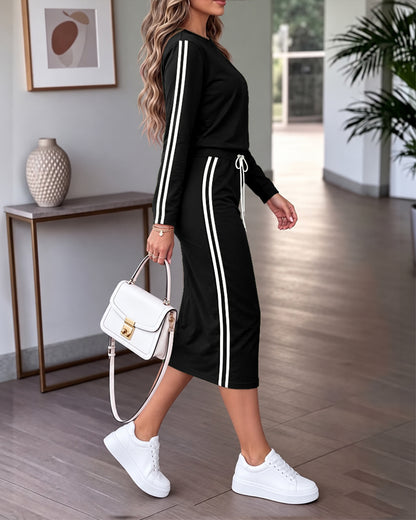 Women's Contrast Side Stripe Long Sleeve Crew Neck Top and Drawstring Midi Skirt Set