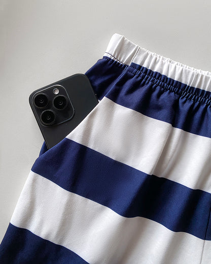 2 Pieces Outfit Anchor Pattern Short Sleeve Top and Striped Elastic Waist Pants Set Casual Pajamas Set