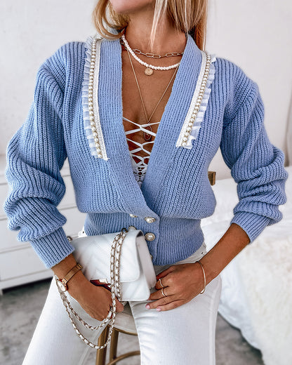 Pearls Decor V-Neck Double Breasted Knit Cardigan Casual Frill Trim Decor Sweater