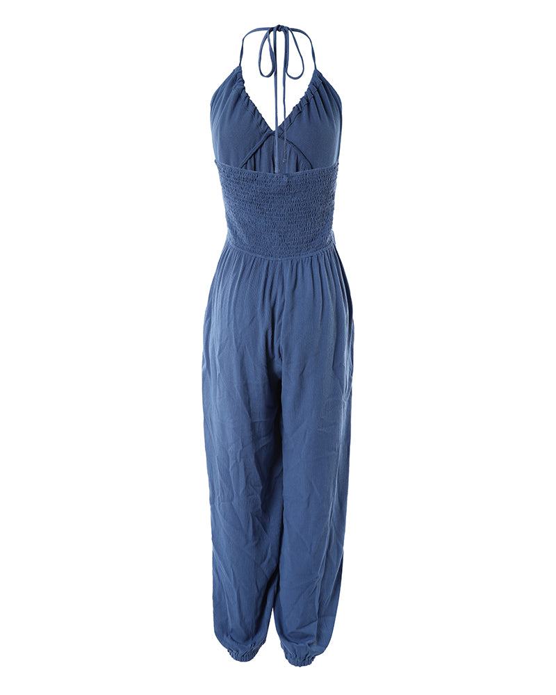 Women's Halter Tie Deep V Neck Jumpsuit Casual Shirred Backless Cuffed Overalls with Pockets