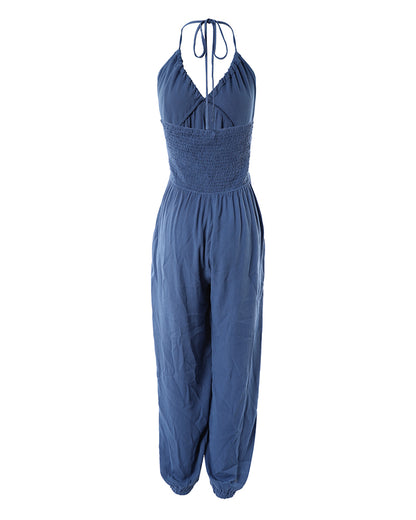 Women's Halter Tie Deep V Neck Jumpsuit Casual Shirred Backless Cuffed Overalls with Pockets