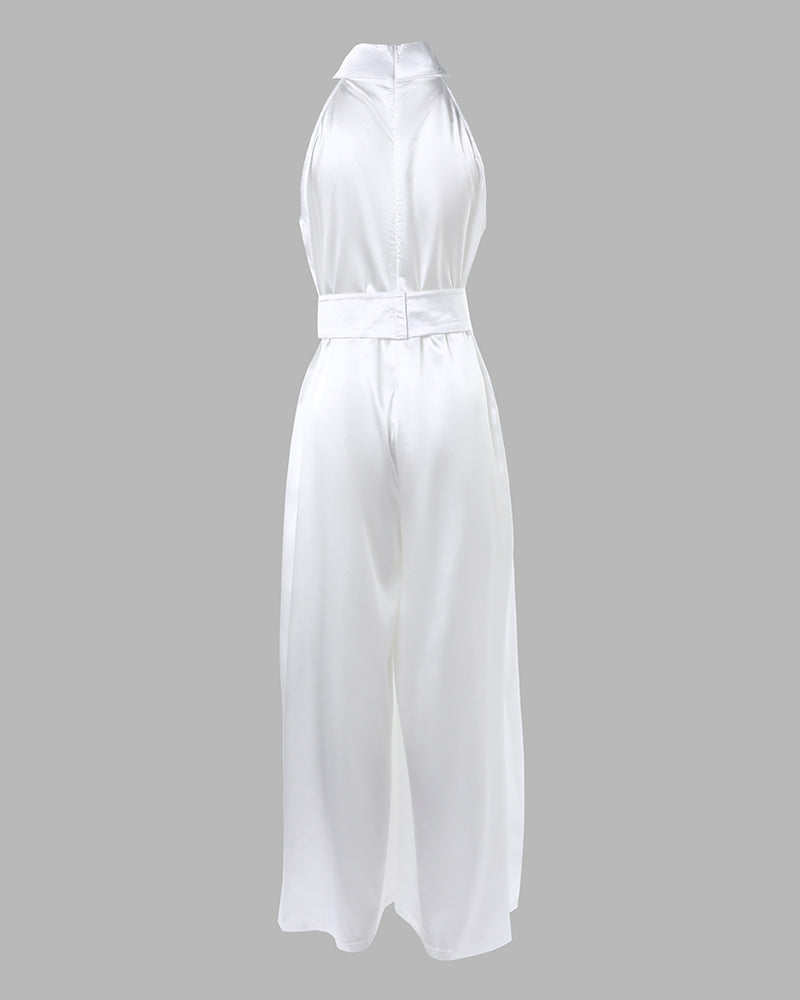 Women's Satin Halter Jumpsuit Mock Neck Sleeveless Wide Leg Overalls Elegant High Waist Jumpsuit with Belt