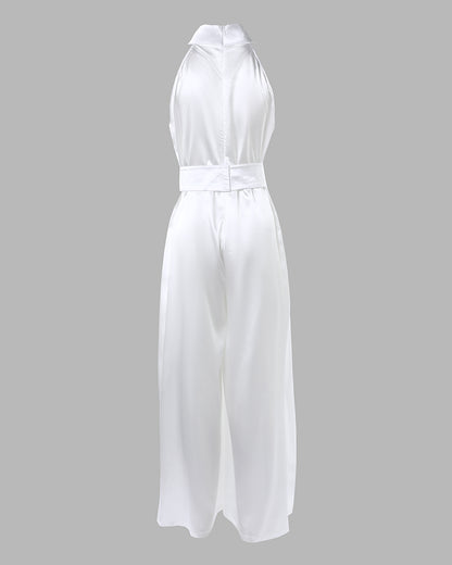 Women's Satin Halter Jumpsuit Mock Neck Sleeveless Wide Leg Overalls Elegant High Waist Jumpsuit with Belt