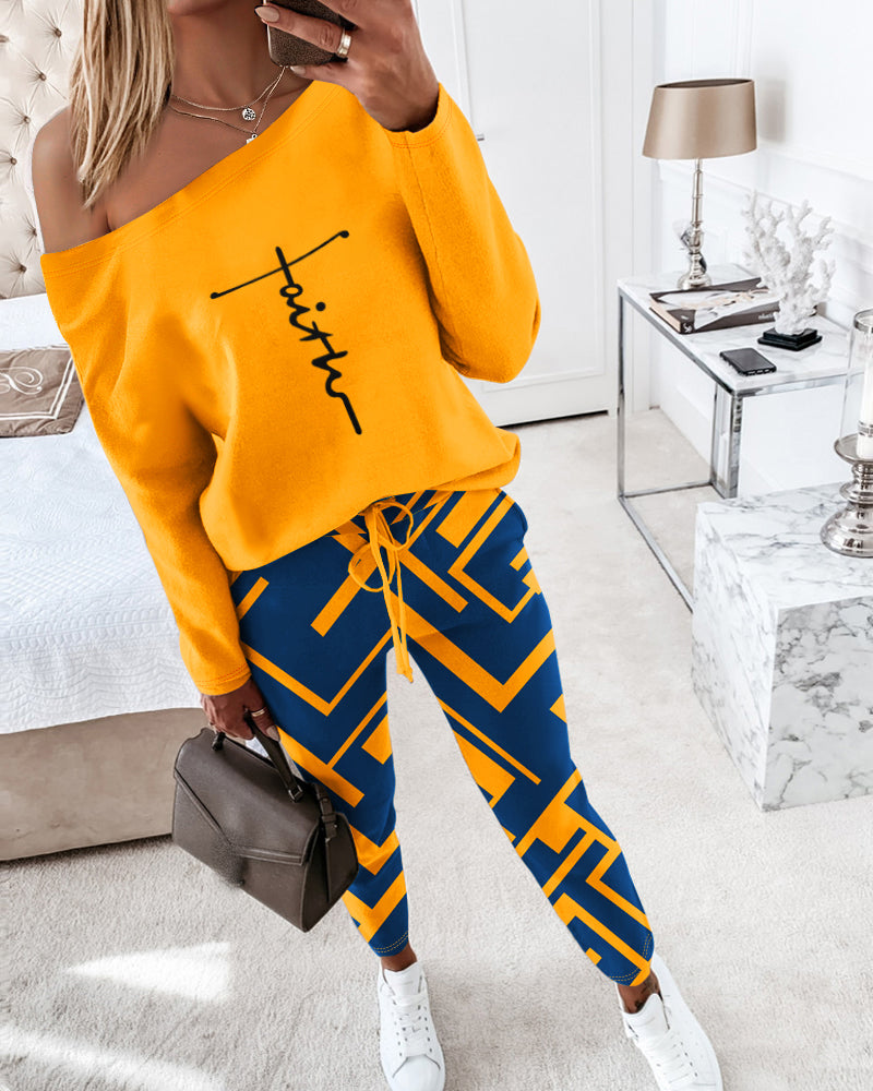 2 Piece Faith Geometric Print Outfit Long Sleeve Skew Neck Pullover Tops Stretchy Waist Pants Set Tracksuit