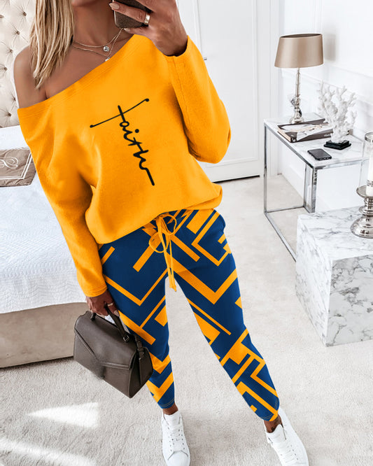 2 Piece Faith Geometric Print Outfit Long Sleeve Skew Neck Pullover Tops Stretchy Waist Pants Set Tracksuit