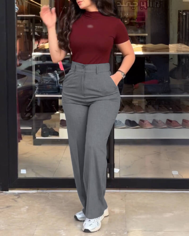 High Waist Zipper Fly Elastic Back Waist Trousers Casual Wide Leg Pants