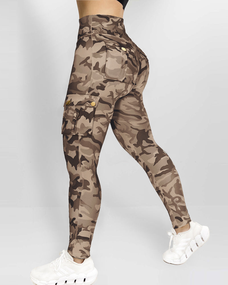 Camouflage Print High Waist Skinny Leggings with Cargo Flap Pockets Casual Pants