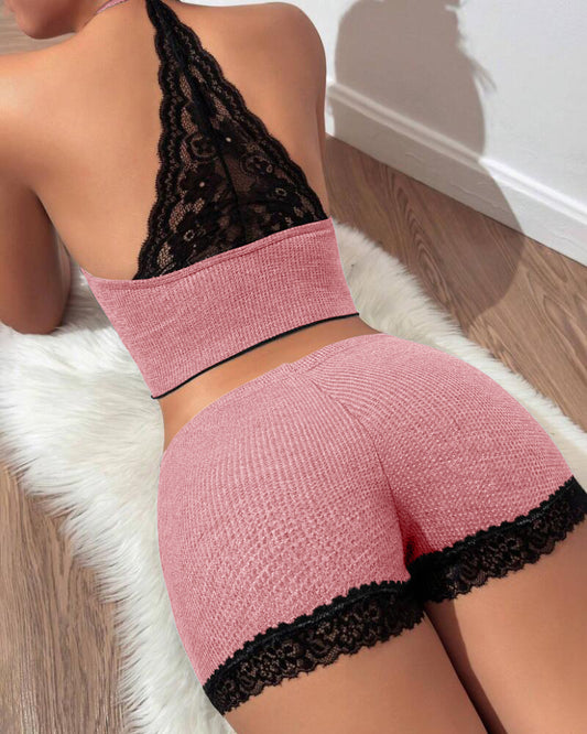 2 Pieces Colorblock Halter Contrast Lace Backless Tank Top & Waffle Knit Casual Shorts Sets