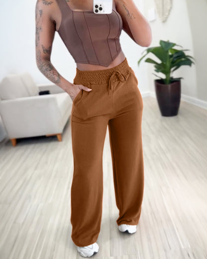 High Waist Drawstring Elastic Waist Wide Leg Casual Pants