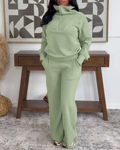 Women's 2 Piece Ribbed Lounge Set Half Zip Long Sleeve Sweatshirt and Straight Leg Pants Casual Sweatpants Set