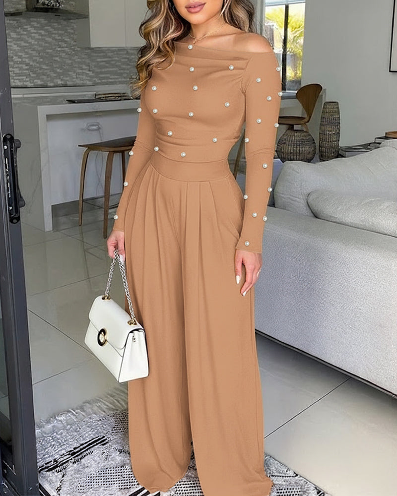 Pearls Decor Skew Neck Long Sleeve Cinched Waist Overalls Casual Ruched Zipper Back Wide Leg Jumpsuit