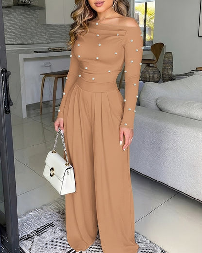 Pearls Decor Skew Neck Long Sleeve Cinched Waist Overalls Casual Ruched Zipper Back Wide Leg Jumpsuit