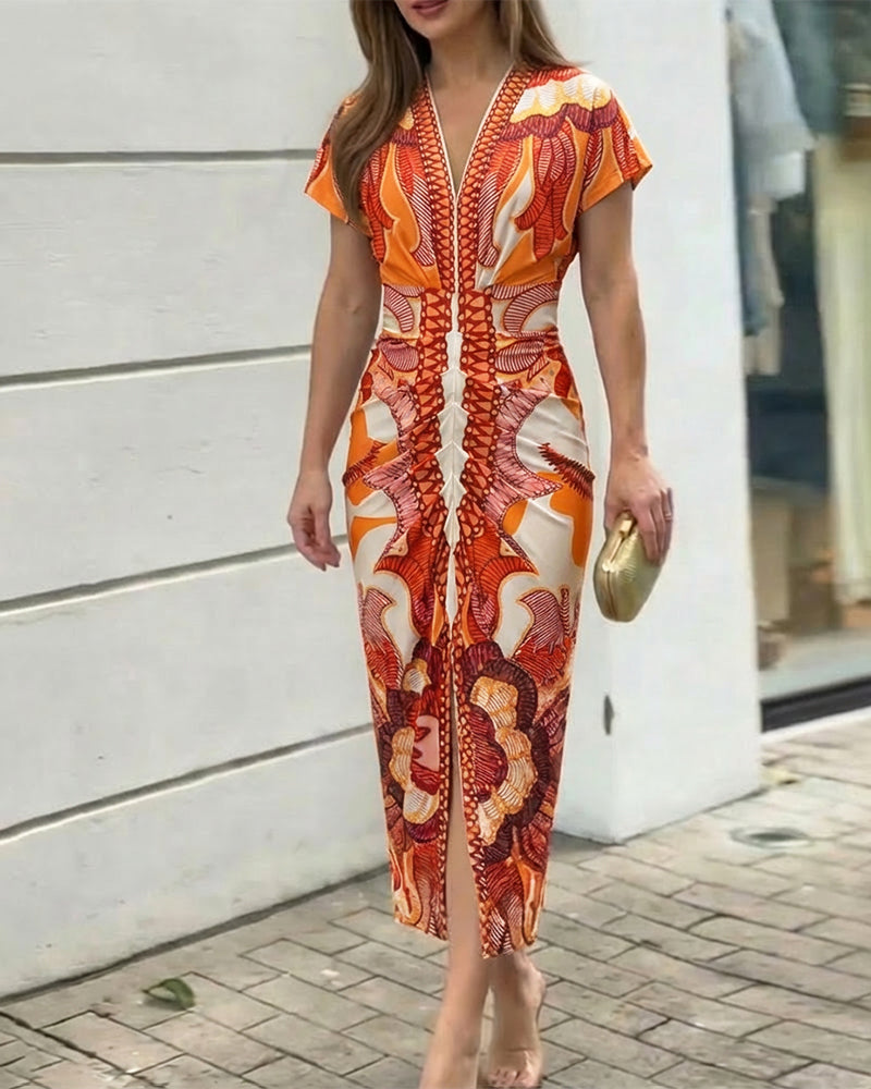 Vintage Baroque Print Deep V-Neck Short Sleeve Ruched Mid-length Dress Slim Fit Slit Front Vacation Dress