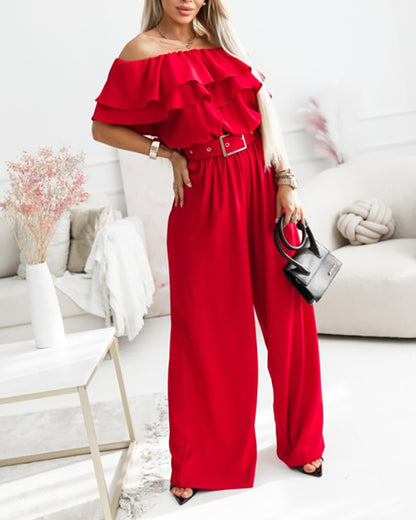 Women's Ruffle Off Shoulder Jumpsuit Casual Wide Leg Overalls with Detachable Clear Straps and Belt