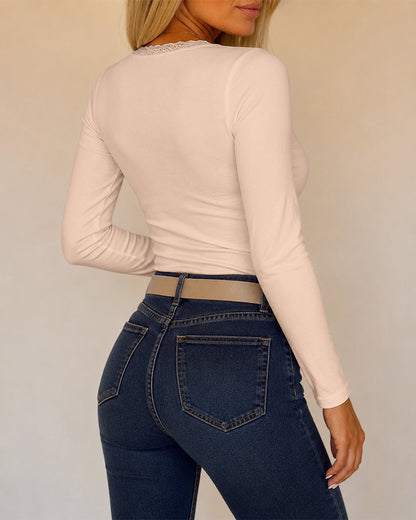 Women's Lace V Neck Ruched T Shirt Slim Fit Long Sleeve Tee Casual Elegant Top