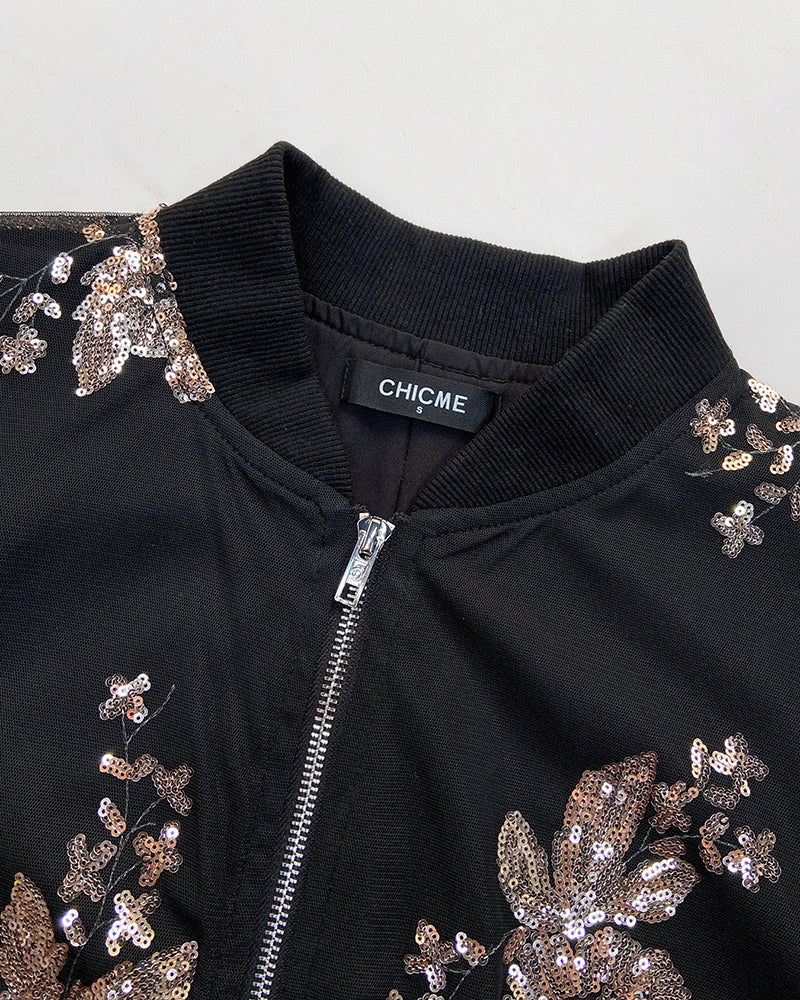 Floral Pattern Baseball Collar Long Sleeve Coat Contrast Sequin Zip Up Jacket