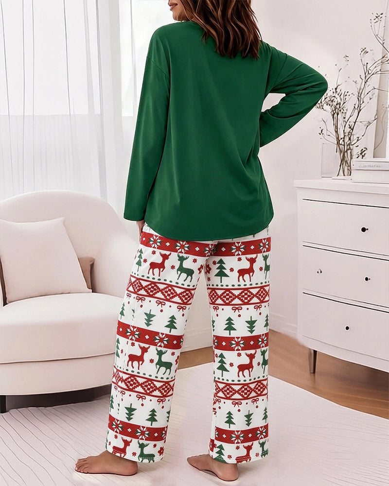 Ensemble pyjama deux pièces pour femmes, haut imprimé avec slogan et pantalon imprimé de noël, ensemble de salon décontracté