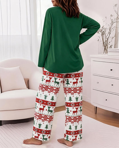 Ensemble pyjama deux pièces pour femmes, haut imprimé avec slogan et pantalon imprimé de noël, ensemble de salon décontracté