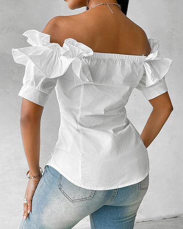 Ruffles Off Shoulder Short Sleeve Button Front Blouse Asymmetrical Hem Top