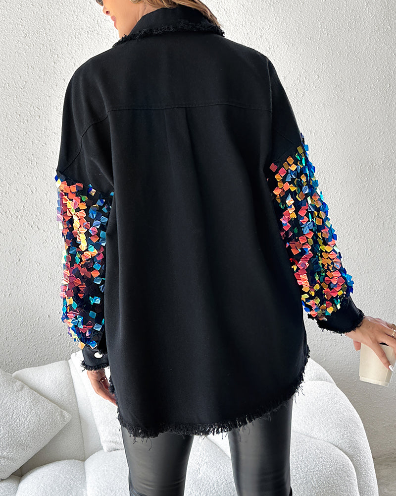 Contrast Sequin Long Sleeve Jacket Top Button Front Raw Hem Loose Fit Shacket