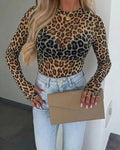 Women's Leopard Print Sheer Mesh Top Long Sleeve Crewneck Fitted Tee with Thumb Holes